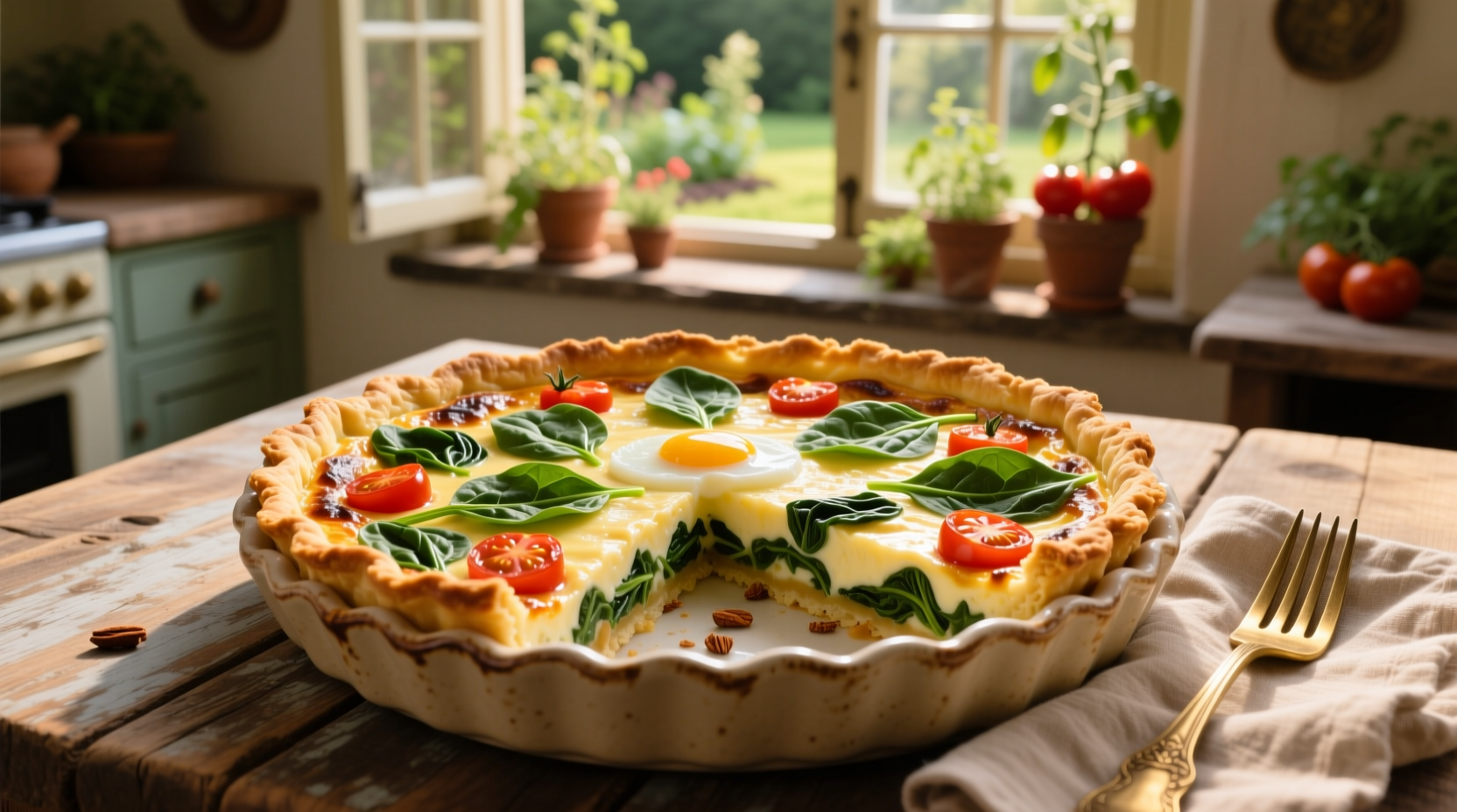Golden spinach tomato quiche with flaky crust
