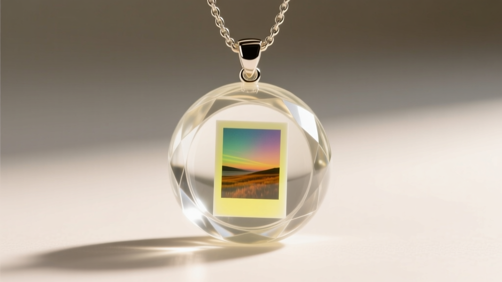 Macro photography of a clear UV-resin dome pendant necklace with picture encased inside, showing high clarity and no yellowing