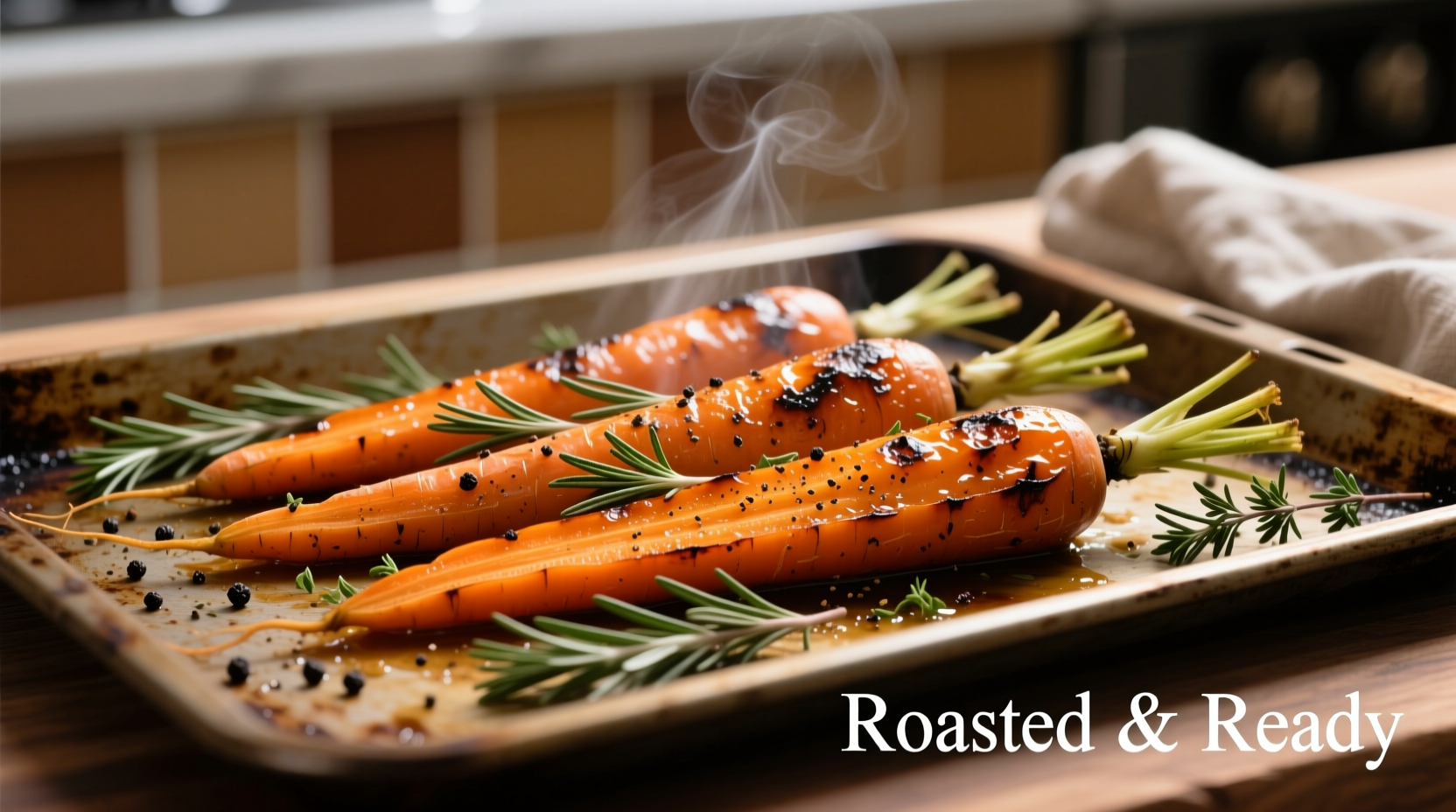 Perfectly roasted carrots with herbs on baking sheet