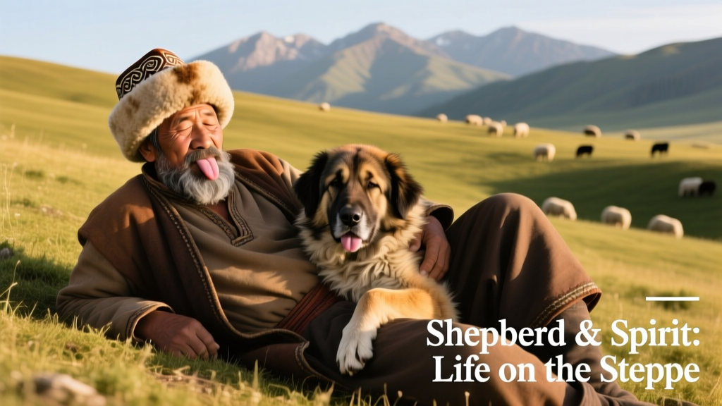 central asian shepherd lying with tongue out