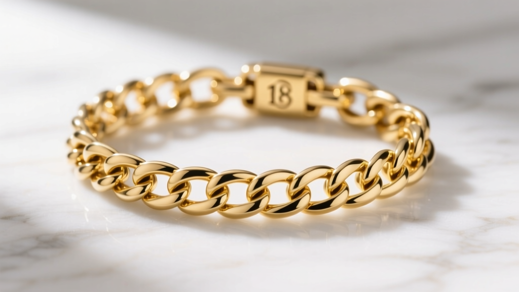 Macro photography of a thick 18k gold vermeil chain link bracelet showing the hallmark stamp, placed on a white marble surface.