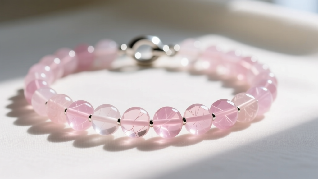 Macro shot of an 8mm Madagascar rose quartz bead necklace with translucent pastel pink stones and a silver clasp in soft daylight