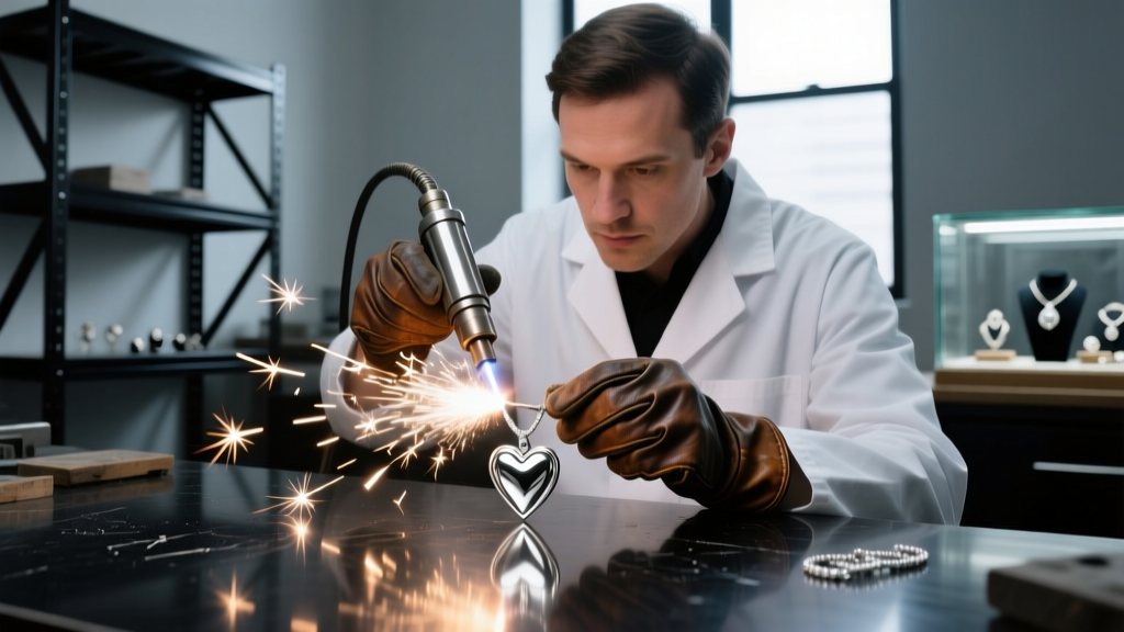 Jeweler using a laser welder to fix a silver bail on a heart pendant, with sparks illuminating the dark jewelry workbench area