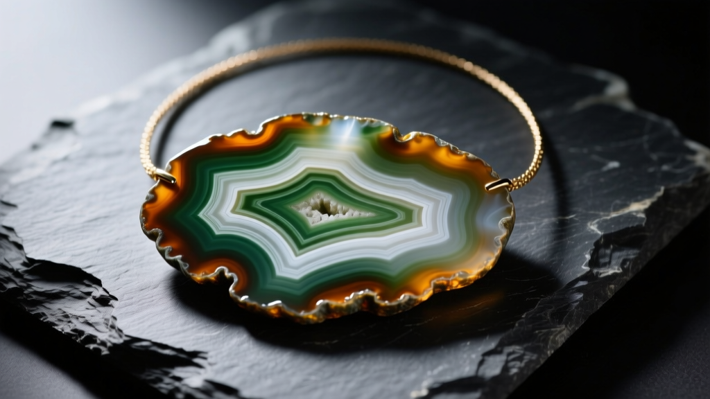 Close-up of a natural banded agate slice necklace with raw edges on dark slate, illuminated by soft directional lighting.