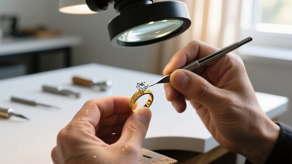 Extreme close-up of a jeweler's loupe inspecting the tiny 925 and ITALY hallmarks stamped on a sterling silver lobster clasp.