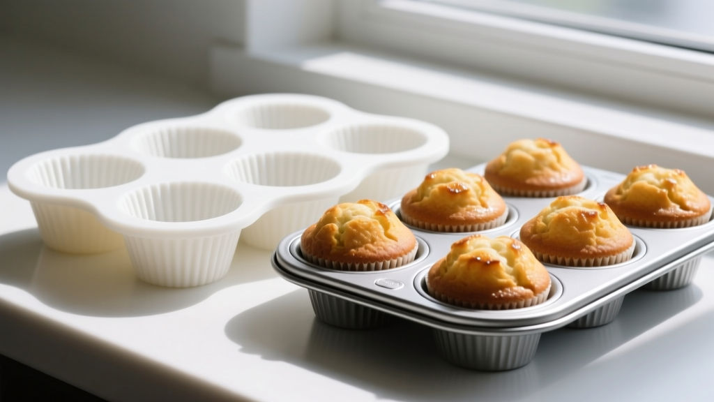 Warped peroxide silicone muffin tin next to a rigid fiberglass-reinforced platinum silicone pan holding perfectly shaped golden brown muffins