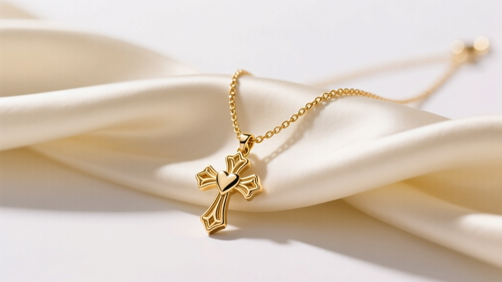 14k gold necklace with cross and heart pendants on cream silk, studio light highlighting polished metal and fine cable chain links