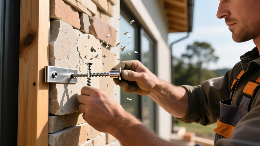 Mason driving a stainless steel screw through a metal clip to secure natural stone veneer to a wood-framed exterior wall