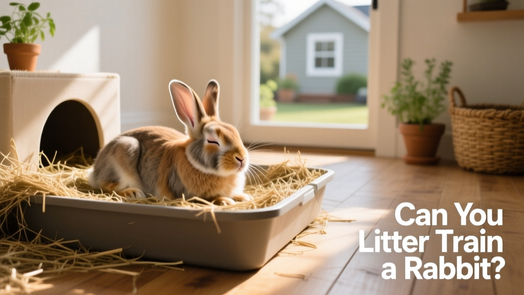 Rabbit comfortably sitting in a spacious, hay-lined litter box with low front access