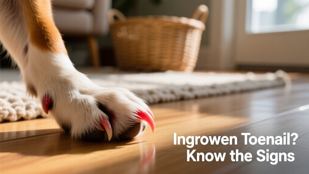 Close-up of a small dog's paw showing an ingrown dew claw pressing into the skin