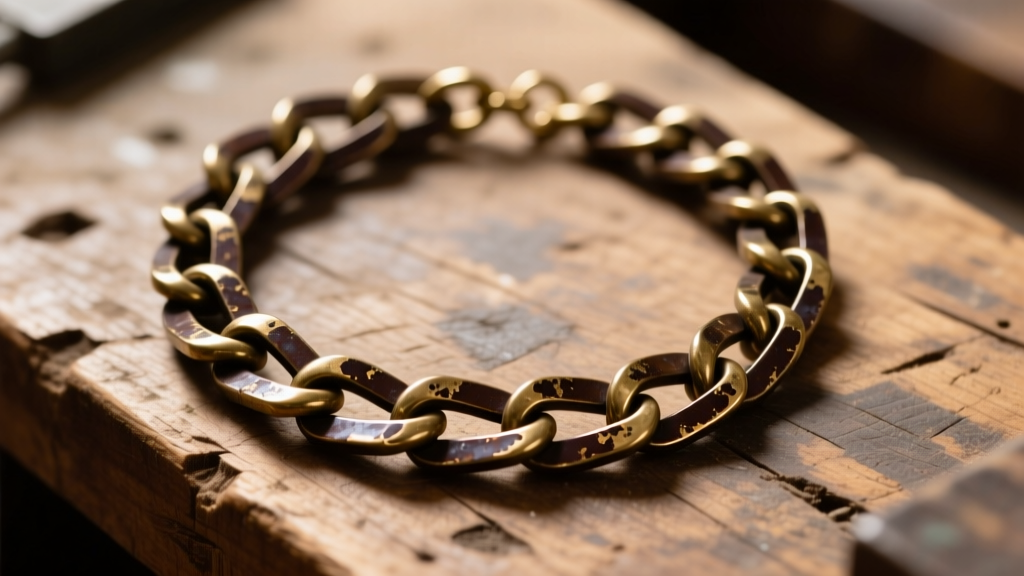 Raw brass rolo chain necklace developing a dark brown patina, photographed from above on a weathered wooden workbench surface.