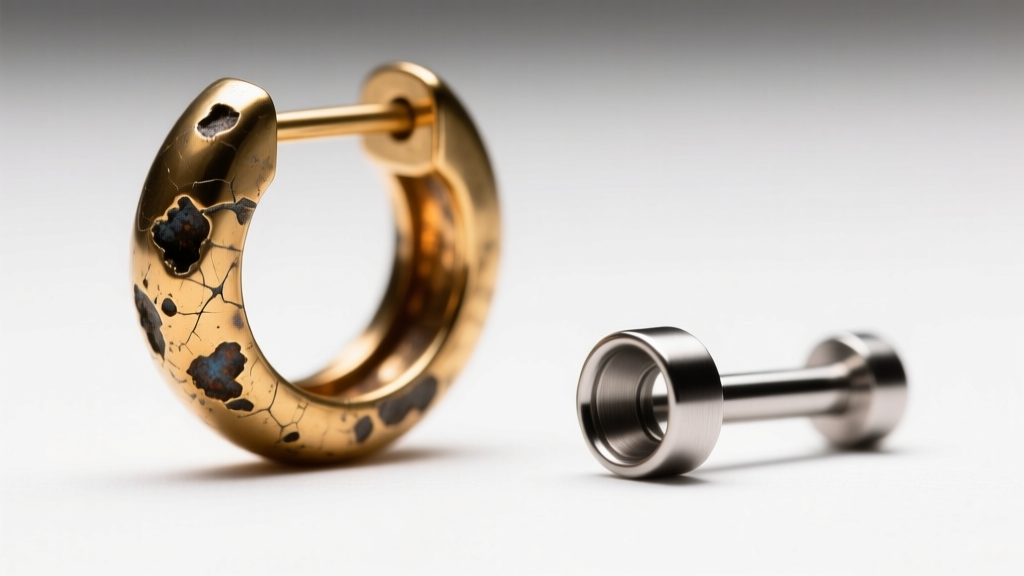Macro comparison of a pitted brass alloy earring back and a smooth implant-grade titanium labret stud under bright studio lighting.