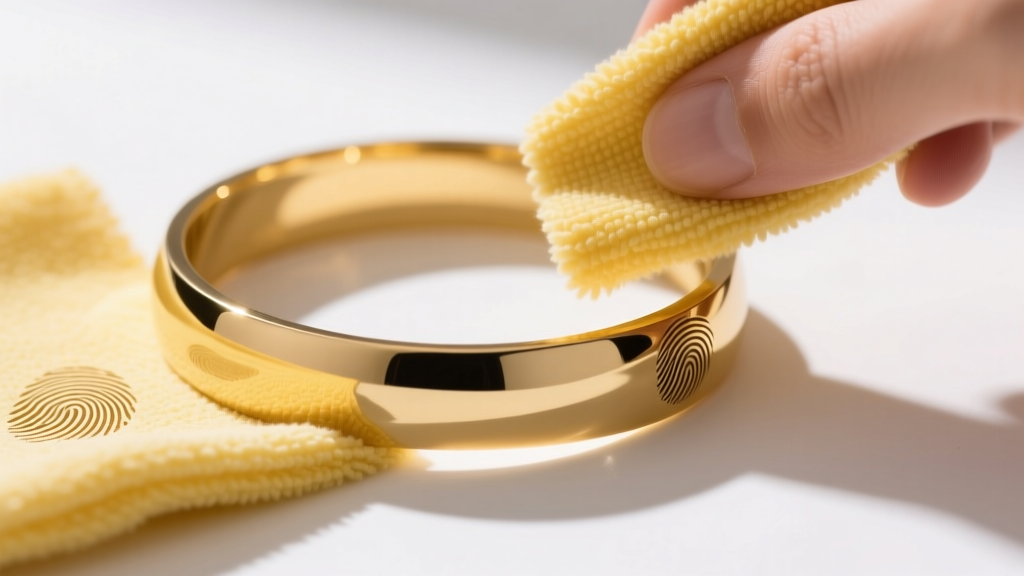 Soft yellow microfiber cloth gently polishing a wide gold plated brass cuff bracelet to remove fingerprints, shot from above