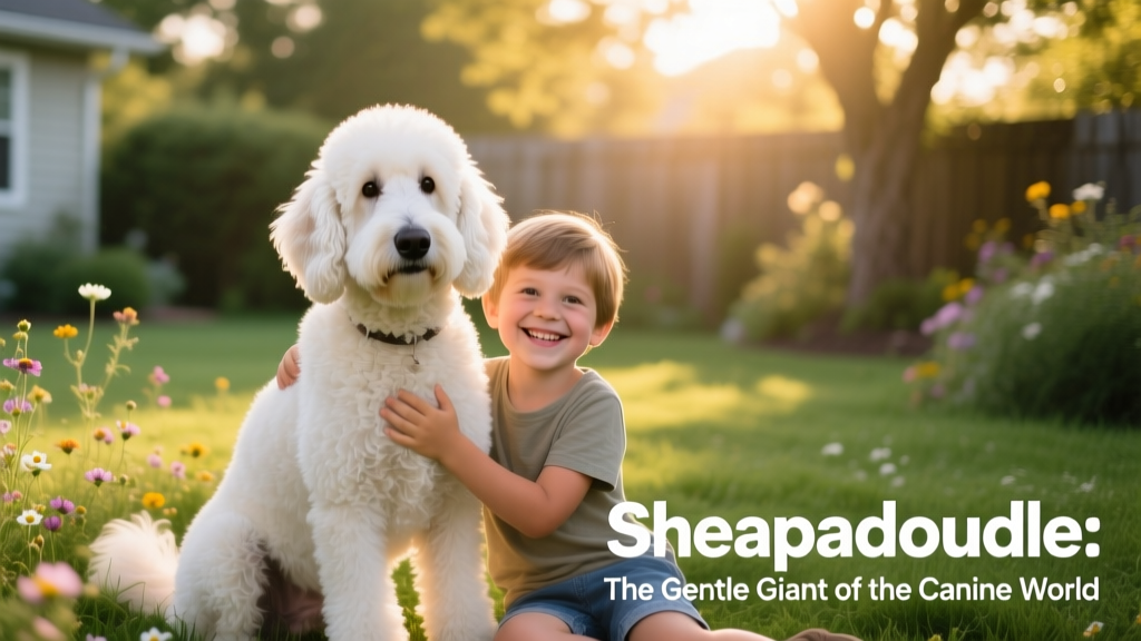 An adult Sheepadoodle sitting calmly beside a child, both smiling