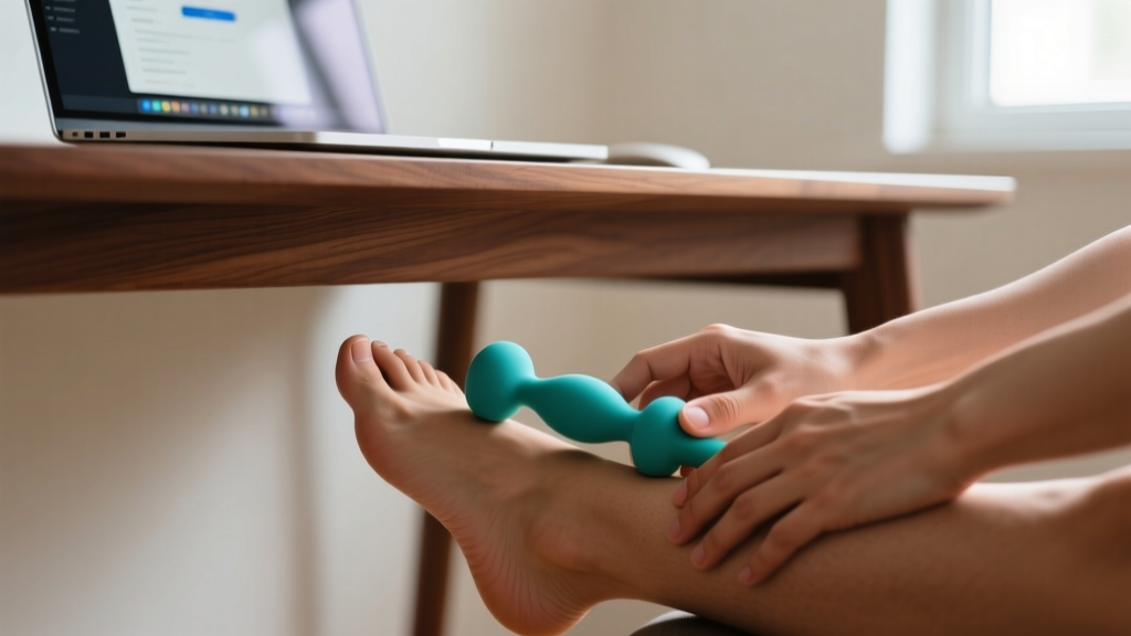 Hands using a dual-density silicone foot massage roller under a wooden desk while working on a laptop during a busy afternoon.