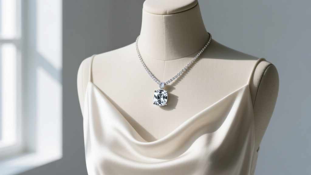 Bezel-set white sapphire pendant necklace on a silk slip dress, capturing bright window light reflections and sharp facet edges