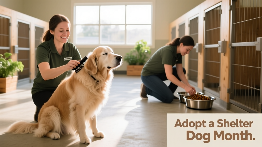 A volunteer gently brushing a relaxed senior dog while another volunteer fills food bowls nearby in a clean, well-lit shelter kennel