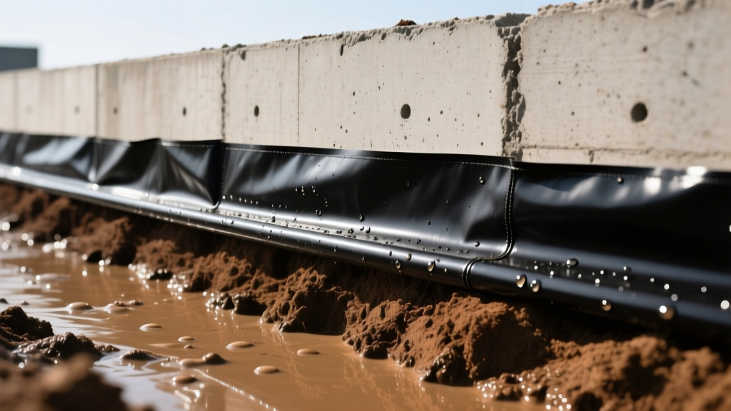 Concrete foundation wall cross-section showing thick black polyurethane heavy duty waterproof material layer against wet soil