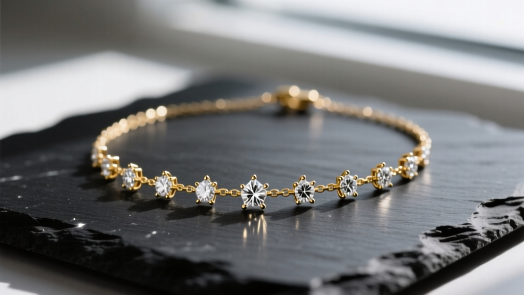 Macro shot of a 14k gold constellation necklace on dark slate, showing tiny prong-set diamond star nodes and a delicate chain