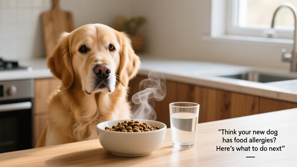 A calm, curious dog sitting beside a clean bowl of kibble and fresh water