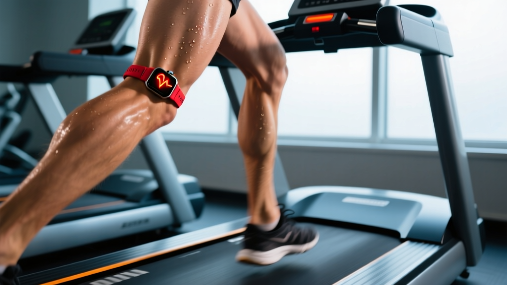Close up of a runner legs on a treadmill set to a steep 15 percent incline with a smartwatch displaying elevated heart rate zones