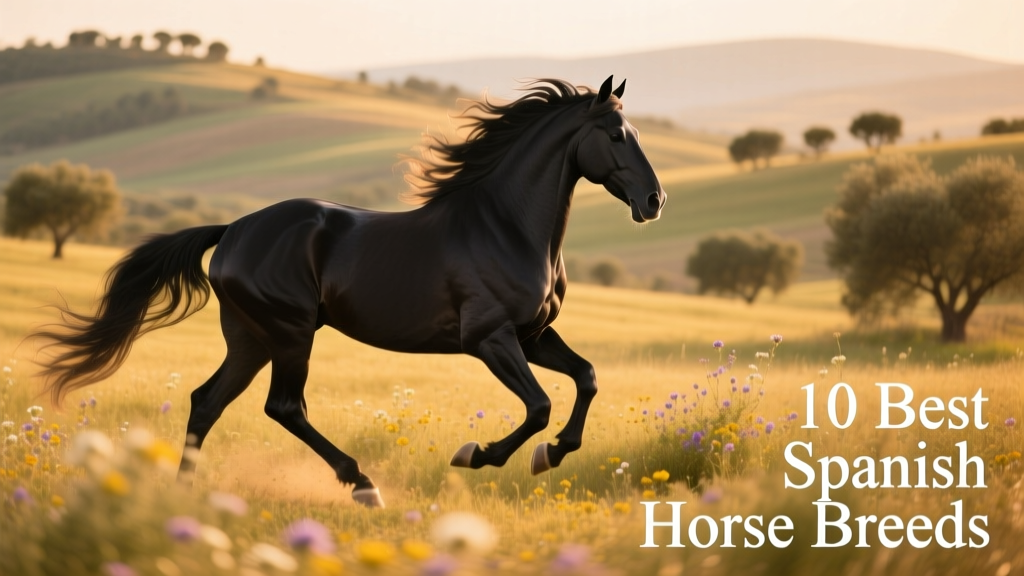Bay Andalusian stallion cantering gracefully in an open field