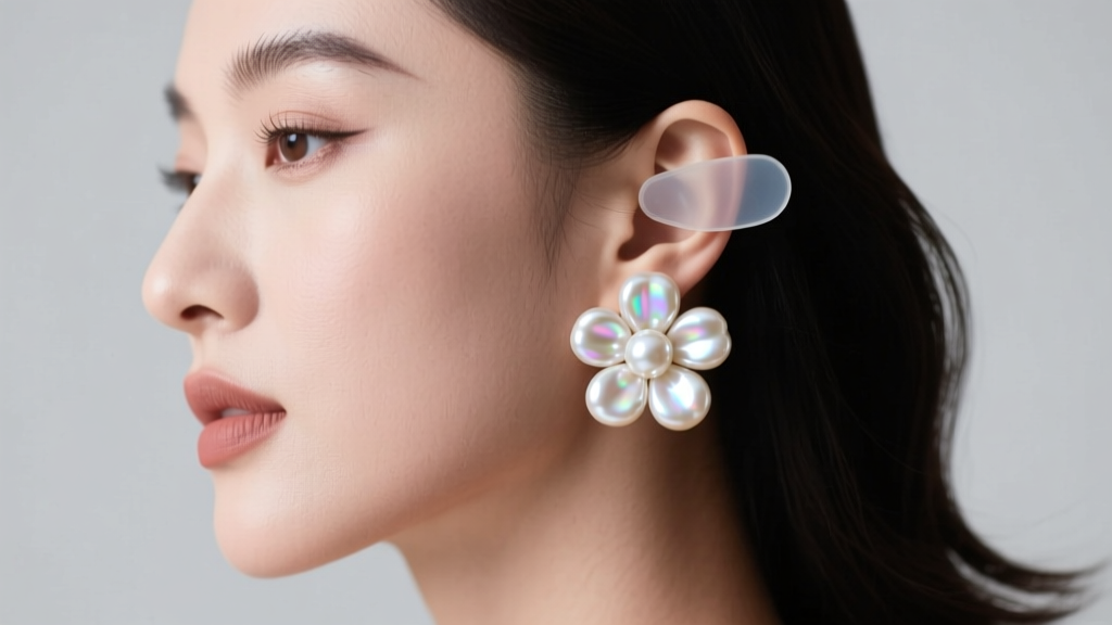Side profile of a woman wearing a large pearl flower earring supported by a clear silicone patch hidden just behind her earlobe.
