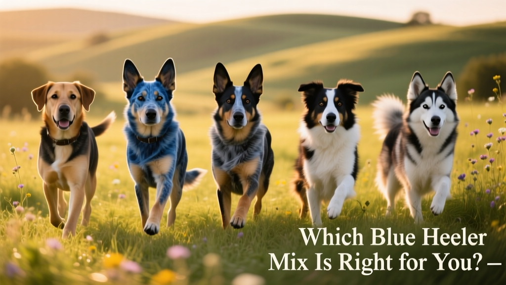 Six mixed-breed dogs representing common Blue Heeler crosses—Labraheeler, Pit Heeler, Blue Shepherd, Texas Heeler, Border Heeler, and Ausky—posed together on a grassy field