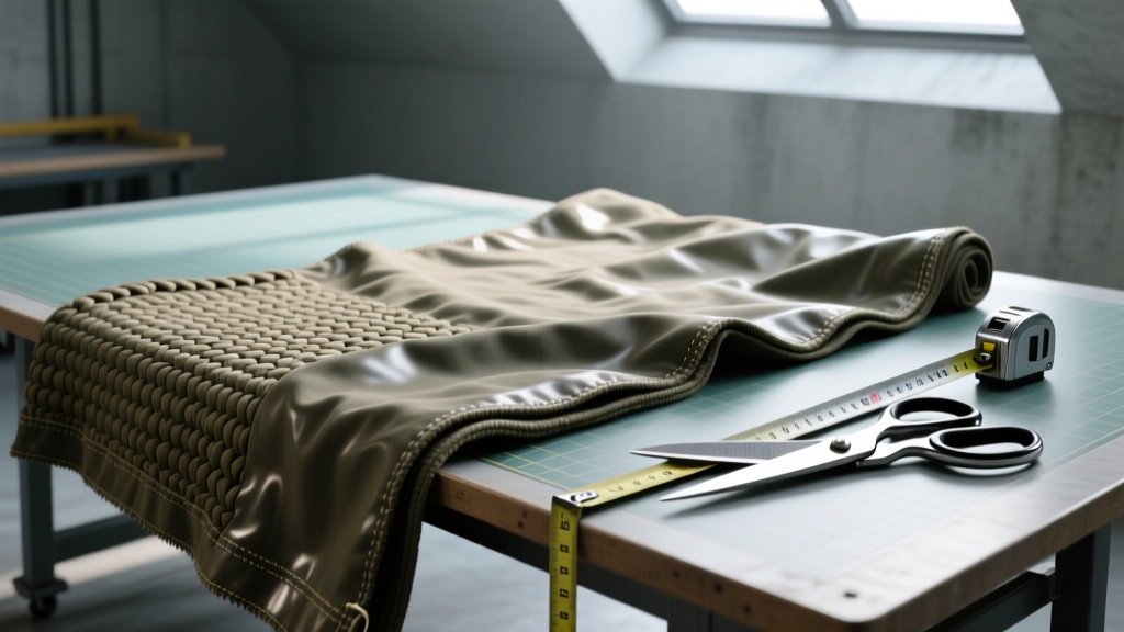 Heavy-duty 12oz poly-cotton waterproof canvas material rolled out on a large cutting table with industrial shears and measuring tape nearby