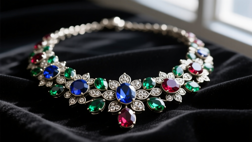 Close-up of a Georgian antique paste necklace with foil-backed silver-set glass stones resting on dark velvet, soft moody lighting.