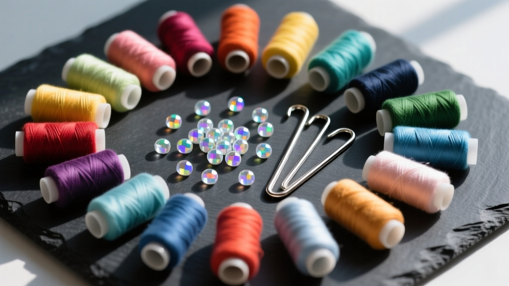 Flat lay of size 20 cotton thread spools, 11/0 Miyuki glass seed beads, and 1.75mm aluminum crochet hooks on dark slate.