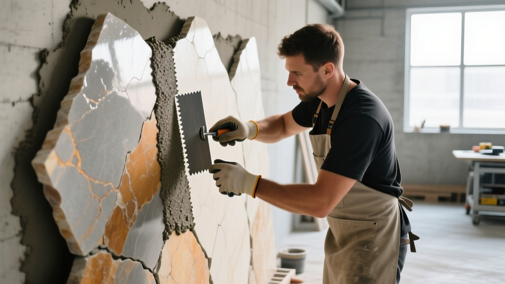 Mason applying polymer-modified thin-set mortar adhesive to the back of a natural stone veneer panel with a notched trowel