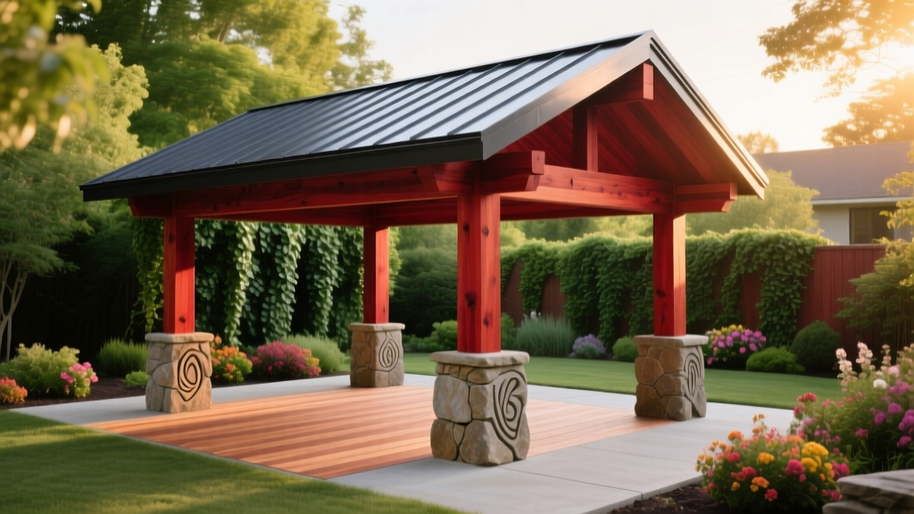 Sturdy Western Red Cedar pavilion with a dark metal roof and stone pillar bases situated over a stamped concrete patio in a lush backyard