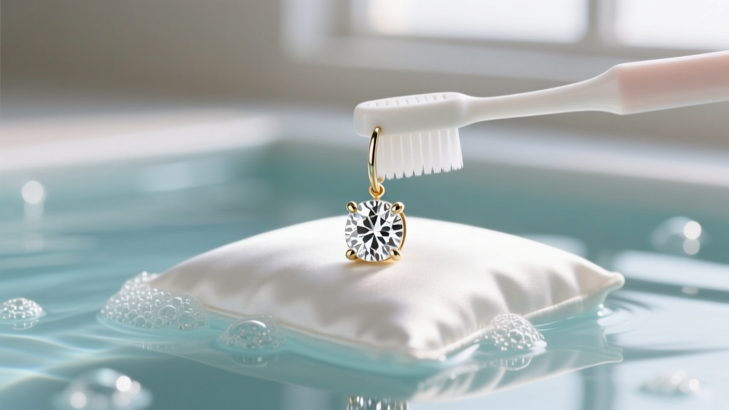 Soft baby toothbrush scrubbing the pavilion of a white gold cushion diamond earring submerged in clear soapy distilled water