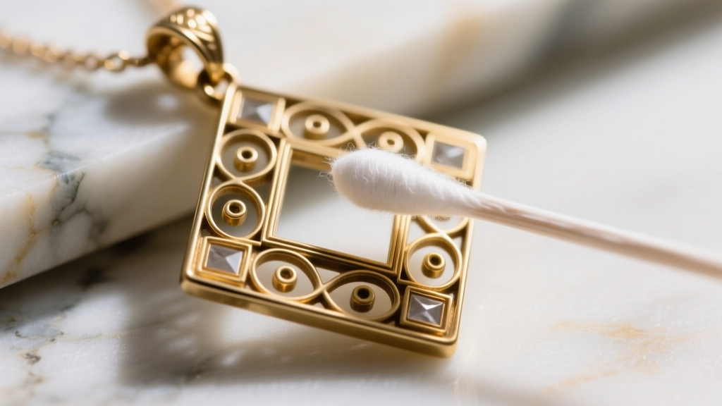 Macro photography of a cotton swab gently cleaning the intricate brass filigree of a vintage Art Deco pendant under bright light