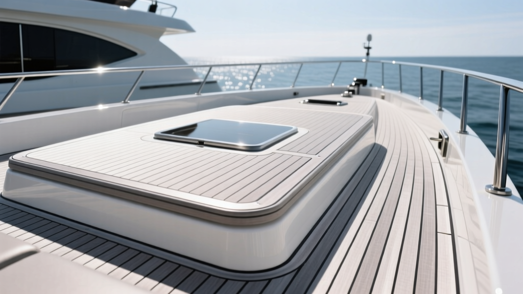 Extruded marine-grade aluminum tongue-and-groove decking with anti-skid texture installed on a center console boat deck
