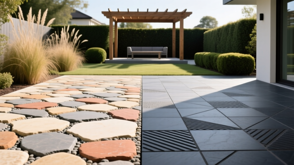 Split-screen backyard showing a cobblestone paver patio on the left and a slate-pattern stamped concrete patio on the right