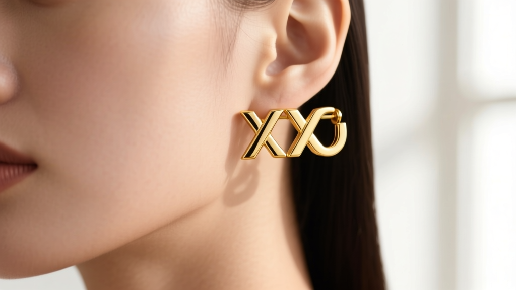 Close-up of 14k yellow gold XOXO interlocking letter stud earrings on a model