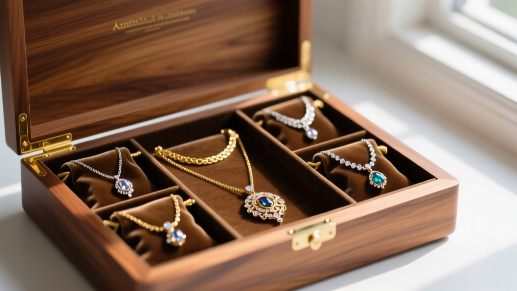 Anti-tarnish velvet pouches holding gold and silver necklaces, neatly organized inside an open, polished cedar wood jewelry box.