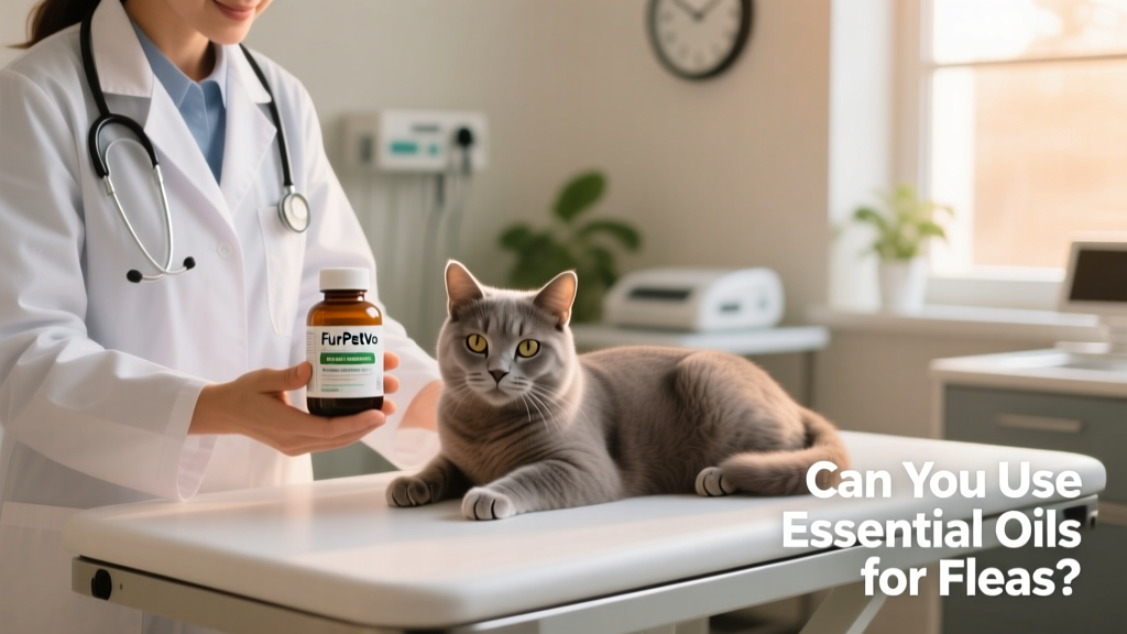 Veterinarian holding a bottle of FurPetVo flea preventive next to a clean, calm cat on a clinic exam table