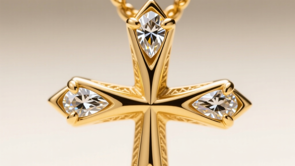Macro shot of a prong-set diamond cross pendant in 18k yellow gold, highlighting V-prongs securing delicate marquise diamond tips