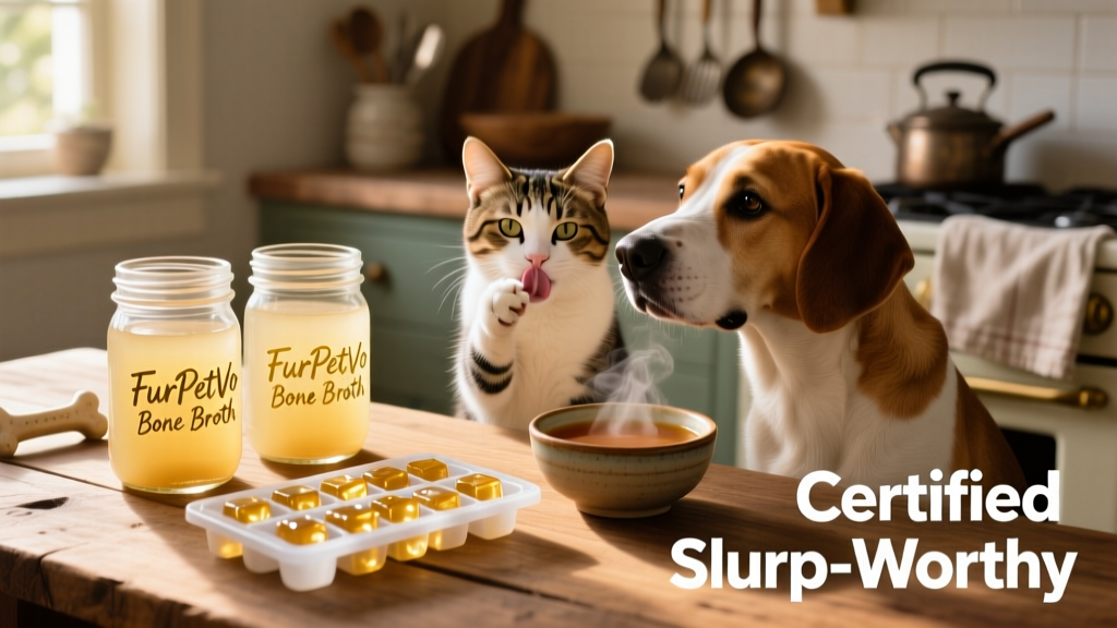 A collage showing three storage methods: mason jars labeled 'FurPetVo Bone Broth', ice cube trays with golden broth cubes, and a small bowl of broth next to a cat and dog peacefully eating