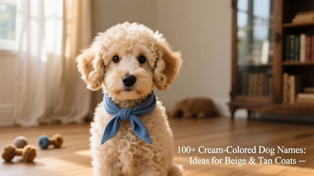 A beige-coated Poodle puppy wearing a simple blue bandana, gazing warmly at the camera
