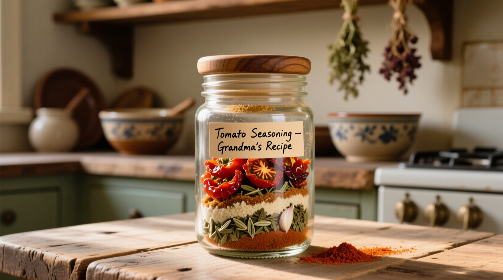 Homemade tomato seasoning blend in glass jar