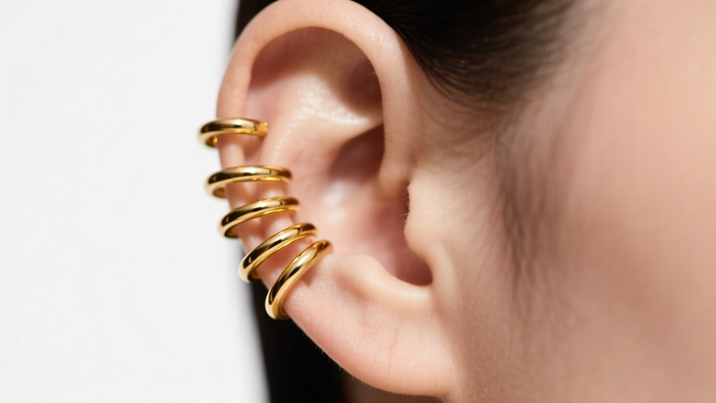 Close-up of a curated ear stack featuring 14k yellow gold earrings small hoops in the lobe, helix, and tragus, soft studio lighting.