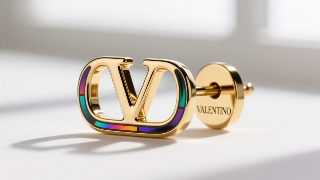 Macro shot of Valentino VLogo enamel stud earrings showing the precise galvanic gold plating and the authentic engraved maker mark