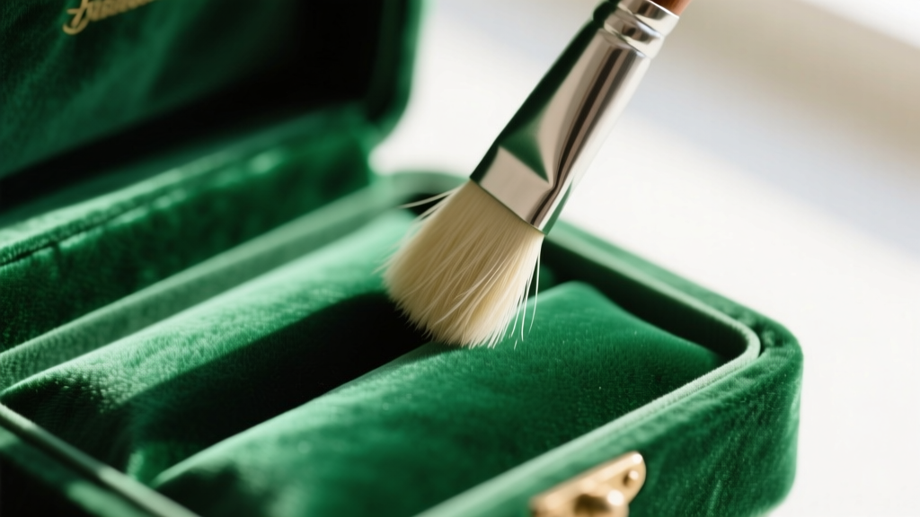 Macro shot of emerald green velvet lining in a trinket jewelry box being gently brushed with a soft horsehair detailing brush.