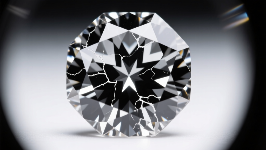 Close-up of a rose-cut salt and pepper diamond showing black carbon spots and white fractures under a jeweler loupe light source