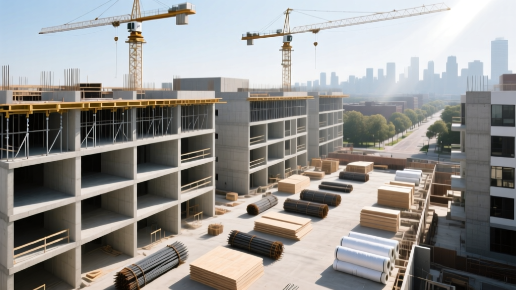 Aerial view of a modern mid-rise apartment complex under construction with cranes, exposed concrete framing, and building materials on site
