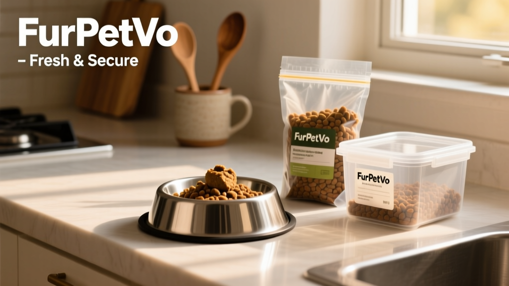 A clean kitchen counter with a FurPetVo portion freshly scooped into a stainless steel dog bowl, next to a resealed bag and labeled storage container